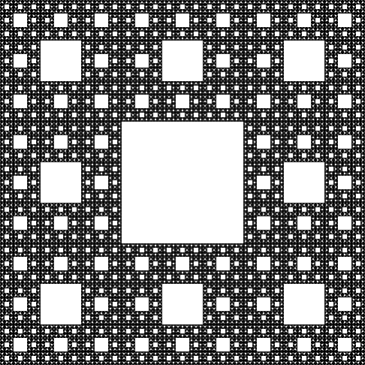 729,729,1,3,"c(x,y,l) = (S = round(w/3^l); (int(x/S)%3)*(int(y/S)%3)==1?255:l<6?c(x,y,l + 1):0); c(x,y,1)" r2dx 50% frame 1,1,0