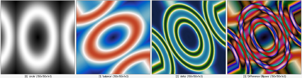 150,150,1,1,255*x/(w-1) polar2euclidean 50%,50% name. circle apply_curve[circle] 1,0,0,63,64,127,200,191,64,255,0 resize[circle] 60%,100%,100%,100%,5,1 expand_x[circle] {w/3},2 +map[circle] balance name. balance rotate[balance] 57,2,1,50%,50% +apply_curve[circle] 1,0,0,63,30,127,250,191,64,255,0 map. delta name. delta rotate[delta] -27,2,1,50%,50% +blend[balance] [delta],difference,1,0 name. "Difference Ellipses" normalize 0,255 _parse_cli_images a x r2dx. 50%