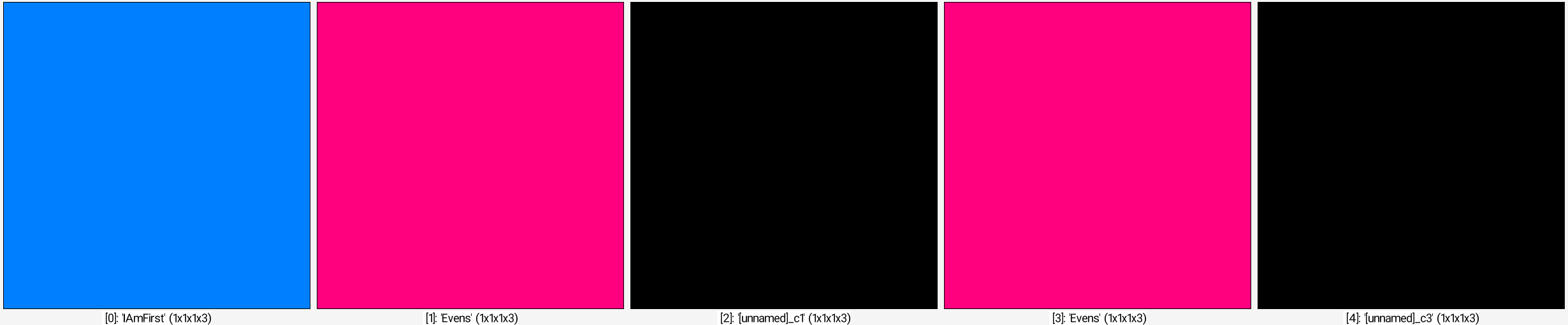 1,1,1,3 [0]x3 name[0--1:2] Evens input[0] 1,1,1,3 name[0] IAmFirst fill_color[Evens] 255,0,127 fill_color[IAmFirst] 0,127,255 _parse_cli_images