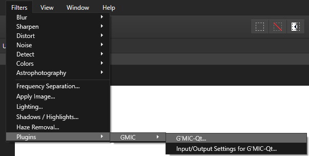 G'MIC-Qt Filter menu item